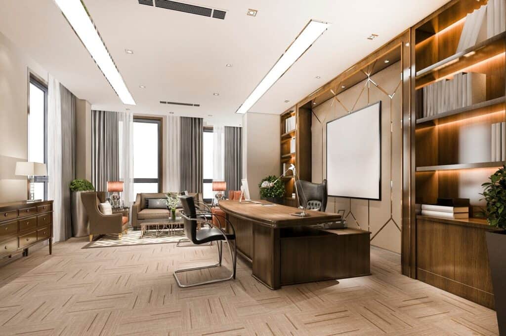Luxury financial advisory office with premium furnishings and professional consultation area