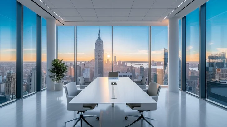 Elegant financial consultation room with panoramic city views